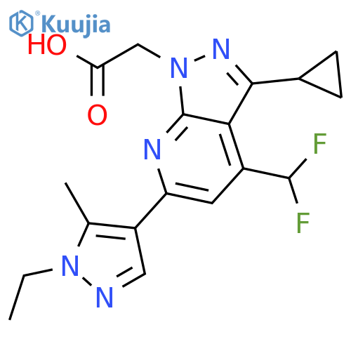 2-3-cyclopropyl-4-(difluoromethyl)-6-(1-ethyl-5-methyl-1H-pyrazol-4-yl)-1H-pyrazolo3,4-bpyridin-1-ylacetic acid structure