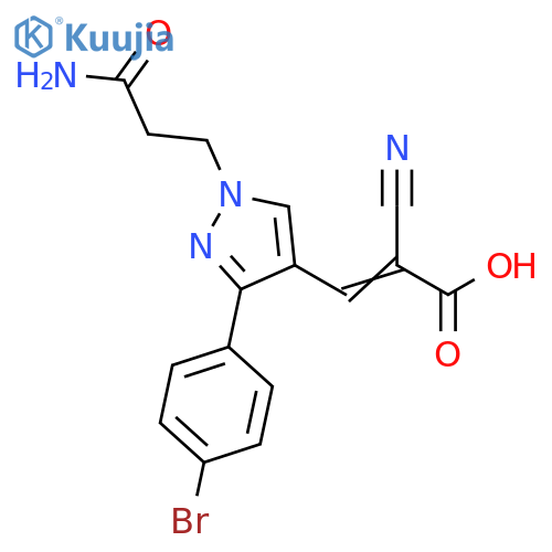 3-3-(4-bromophenyl)-1-(2-carbamoylethyl)-1H-pyrazol-4-yl-2-cyanoprop-2-enoic acid structure