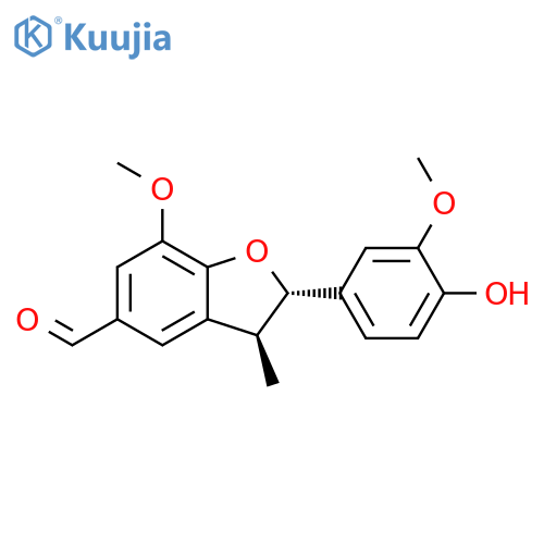 5-Benzofurancarboxaldehyde, 2,3-dihydro-2-(4-hydroxy-3-methoxyphenyl)-7-methoxy-3-methyl-, trans- (9CI) structure