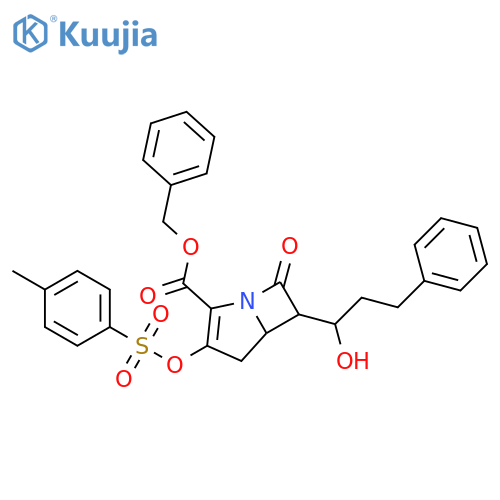 1-Azabicyclo[3.2.0]hept-2-ene-2-carboxylic acid, 6-(1-hydroxy-3-phenylpropyl)-3-[[(4-methylphenyl)sulfonyl]oxy]-7-oxo-, phenylmethyl ester structure