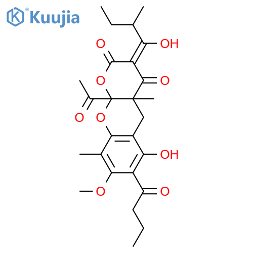 10a-Acetyl-4a,10a-dihydro-6-hydroxy-3-(1-hydroxy-2-methylbutylidene)-8-methoxy-4a,9-dimethyl-7-(2-methyl-1-oxopropyl)-2H,5H-pyrano[2,3-b][1]benzopyran-2,4(3H)-dione; n-Butanoyl isomer (R = -COCH2CH2CH3) structure