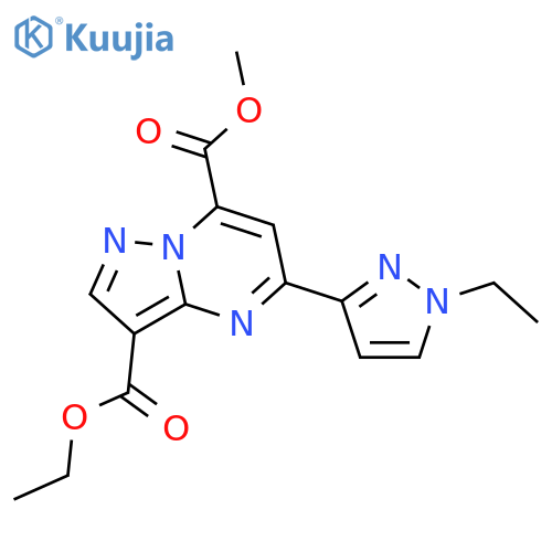 <br>3-ethyl 7-methyl 5-(1-ethyl-1H-pyrazol-3-yl)pyrazolo[1,5-a]pyrimidine-3,7-d icarboxylate structure