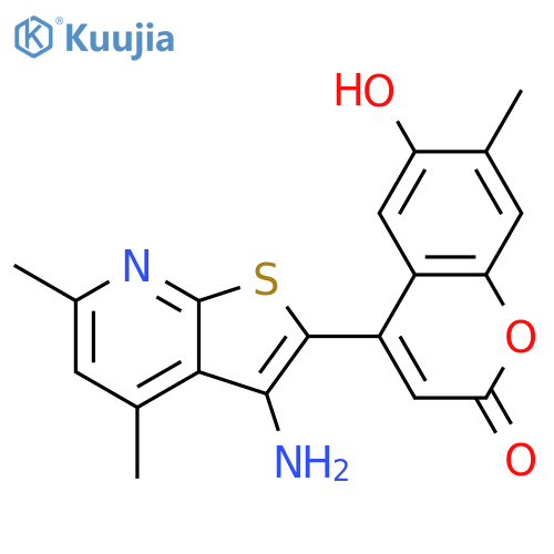 4-{3-amino-4,6-dimethylthieno[2,3-b]pyridin-2-yl}-6-hydroxy-7-methyl-2H-chromen-2-one structure