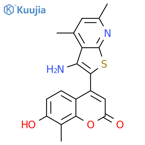 4-{3-amino-4,6-dimethylthieno[2,3-b]pyridin-2-yl}-7-hydroxy-8-methyl-2H-chromen-2-one structure
