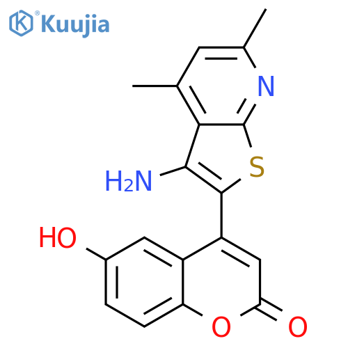 4-{3-amino-4,6-dimethylthieno[2,3-b]pyridin-2-yl}-6-hydroxy-2H-chromen-2-one structure
