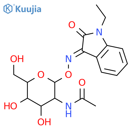 N-[2-({[(3E)-1-ethyl-2-oxo-2,3-dihydro-1H-indol-3-ylidene]amino}oxy)-4,5-dihydroxy-6-(hydroxymethyl)oxan-3-yl]acetamide structure