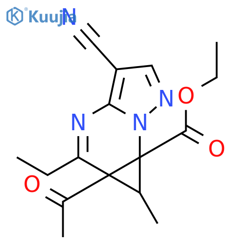 6aH-Cyclopropa[e]pyrazolo[1,5-a]pyrimidine-6a-carboxylic acid, 5a-acetyl-3-cyano-5-ethyl-5a,6-dihydro-6-methyl-, ethyl ester structure