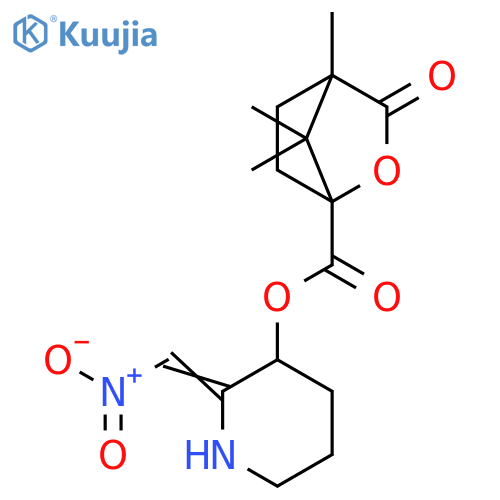 (2E)-2-(nitromethylidene)piperidin-3-yl 4,7,7-trimethyl-3-oxo-2-oxabicyclo[2.2.1]heptane-1-carboxylate structure