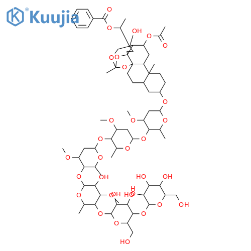 Pregnane-3,8,12,14,17,18,20-heptol; (3β,5α,8β,12β,14β,17β,20S)-form, 8,14,18-Orthoacetate, 20-benzoyl, 12-Ac, 3-O-[β-D-glucopyranosyl-(1→4)-β-D-glucopyranosyl-(1→4)-β-D-thevetopyranosyl-(1→4)-β-D-oleandropyranosyl-(1→4)-β-D-cymaropyranosyl-(1→4)-β-D-cymaropyranoside] structure