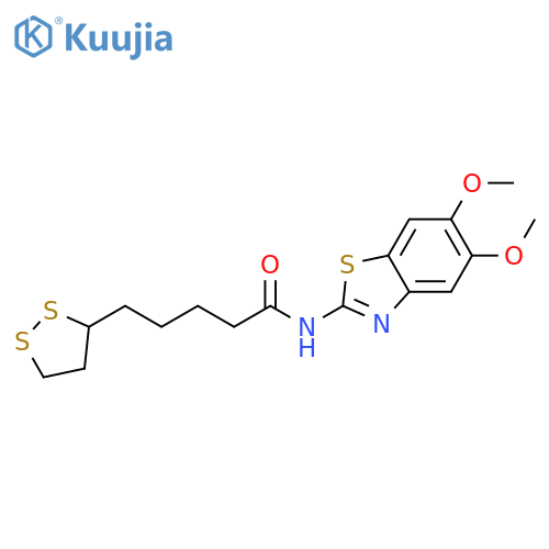 N-(5,6-dimethoxy-1,3-benzothiazol-2-yl)-5-(1,2-dith
iolan-3-yl)pentanamide structure