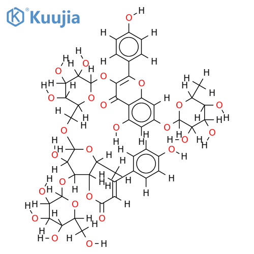 kaempferol 3-O-((beta-D-glucopyranosyl-(1->3)-(4-O-(E-p-coumaroyl))-alpha-L-rhamnopyranosyl-(1->6)-beta-D-galactopyranoside))-7-O-alpha-L-rhamnopyranoside structure