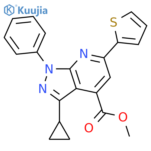 <br>3-Cyclopropyl-1-phenyl-6-thiophen-2-yl-1H-pyrazolo[3,4-b]pyridine-4-carboxy lic acid methyl ester structure