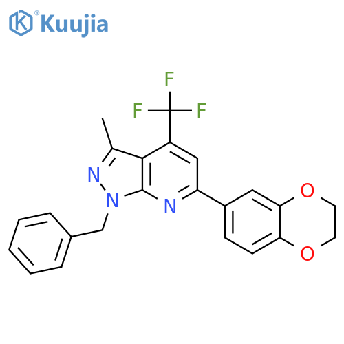 <br>1-Benzyl-6-(2,3-dihydro-benzo[1,4]dioxin-6-yl)-3-methyl-4-trifluoromethyl-1 H-pyrazolo[3,4-b]pyridine structure