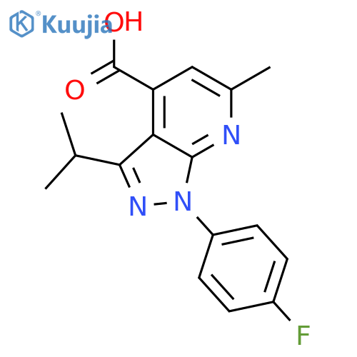 1-(4-fluorophenyl)-6-methyl-3-(propan-2-yl)-1H-pyrazolo3,4-bpyridine-4-carboxylic acid structure