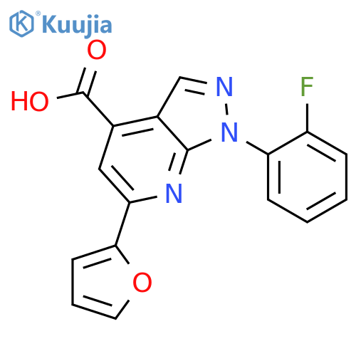 1-(2-fluorophenyl)-6-(furan-2-yl)-1H-pyrazolo3,4-bpyridine-4-carboxylic acid structure