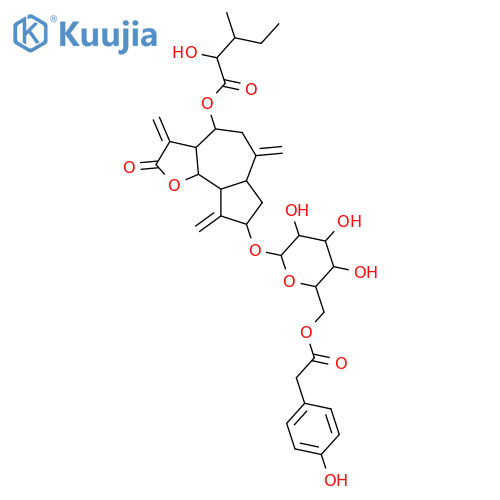 Pentanoic acid,2-hydroxy-3-methyl-, dodecahydro-8-[[6-O-[(4-hydroxyphenyl)acetyl]-b-D-glucopyranosyl]oxy]-3,6,9-tris(methylene)-2-oxoazuleno[4,5-b]furan-4-ylester (9CI) structure
