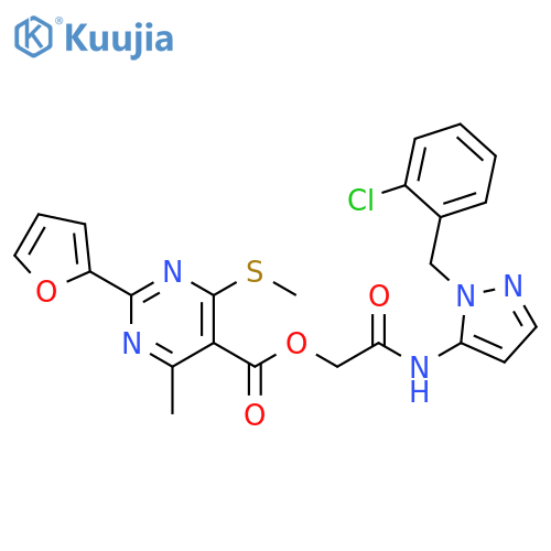 5-Pyrimidinecarboxylic acid, 2-(2-furanyl)-4-methyl-6-(methylthio)-, 2-[[1-[(2-chlorophenyl)methyl]-1H-pyrazol-5-yl]amino]-2-oxoethyl ester structure