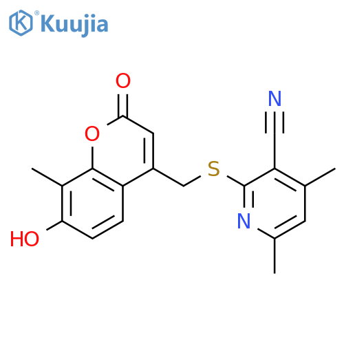 2-{[(7-hydroxy-8-methyl-2-oxo-2H-chromen-4-yl)methyl]sulfanyl}-4,6-dimethylpyridine-3-carbonitrile structure