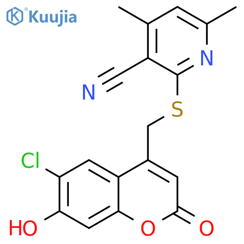 2-{[(6-chloro-7-hydroxy-2-oxo-2H-chromen-4-yl)methyl]sulfanyl}-4,6-dimethylpyridine-3-carbonitrile structure