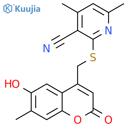 2-{[(6-hydroxy-7-methyl-2-oxo-2H-chromen-4-yl)methyl]sulfanyl}-4,6-dimethylpyridine-3-carbonitrile structure
