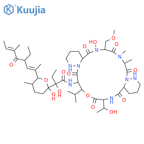 D-Threonine,(3S)-N-[(2S)-2-[(2R,5S,6S)-6-[(1E,3S,5E)-3-ethyl-1,5-dimethyl-4-oxo-1,5-heptadien-1-yl]tetrahydro-2-hydroxy-5-methyl-2H-pyran-2-yl]-2-hydroxy-1-oxobutyl]-3-hydroxy-L-leucyl-(3R)-hexahydro-3-pyridazinecarbonyl-N-hydroxy-O-methyl-L-seryl-N-methyl-D-alanyl-(3S)-hexahydro-3-pyridazinecarbonyl-,(6&reg;13)-lactone structure