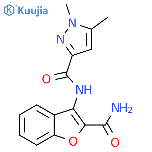 N-(2-carbamoyl-1-benzofuran-3-yl)-1,5-dimethyl-1H-pyrazole-3-carboxamide structure