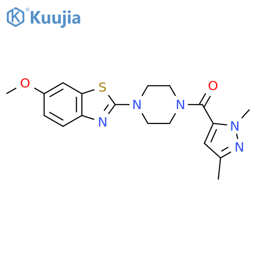 2-[4-(1,3-dimethyl-1H-pyrazole-5-carbonyl)piperazin-1-yl]-6-methoxy-1,3-benzothiazole structure