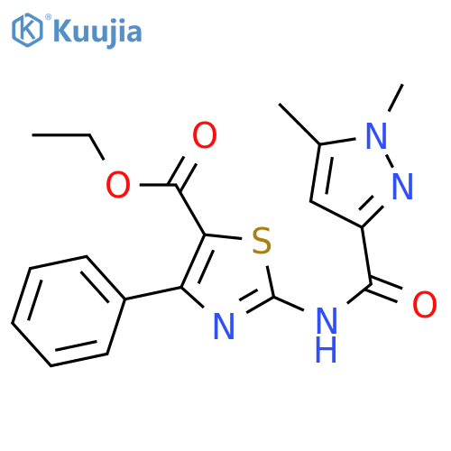 ethyl 2-(1,5-dimethyl-1H-pyrazole-3-amido)-4-phenyl-1,3-thiazole-5-carboxylate structure