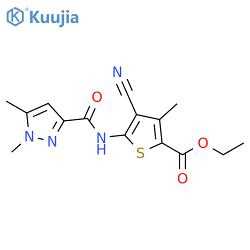 ethyl 4-cyano-5-(1,5-dimethyl-1H-pyrazole-3-amido)-3-methylthiophene-2-carboxylate structure