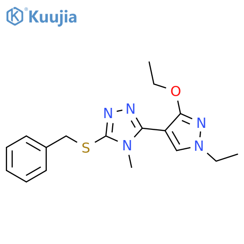3-(benzylsulfanyl)-5-(3-ethoxy-1-ethyl-1H-pyrazol-4-yl)-4-methyl-4H-1,2,4-triazole structure