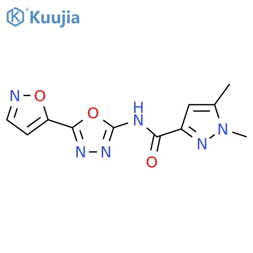 1,5-dimethyl-N-[5-(1,2-oxazol-5-yl)-1,3,4-oxadiazol-2-yl]-1H-pyrazole-3-carboxamide structure