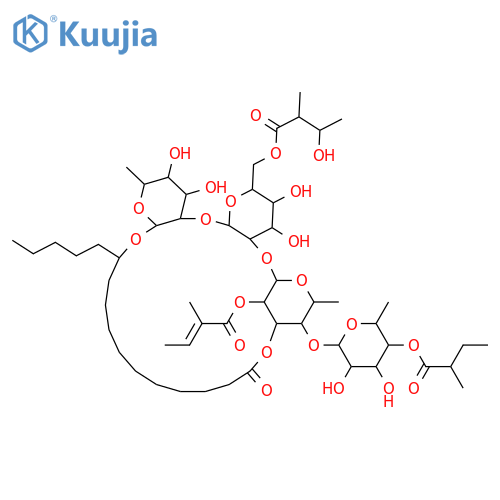 Hexadecanoic acid,11-[[O-6-deoxy-4-O-[(1S)-2-methyl-1-oxobutyl]-b-D-glucopyranosyl-(1&reg;4)-O-6-deoxy-2-O-[(2E)-2-methyl-1-oxo-2-butenyl]-a-L-mannopyranosyl-(1&reg;2)-O-6-O-[(2S,3S)-3-hydroxy-2-methyl-1-oxobutyl]-b-D-glucopyranosyl-(1&reg;2)-6-deoxy-b-D-galactopyranosyl]oxy]-,intramol. 1,3'''-ester, (11R)- (9CI) structure