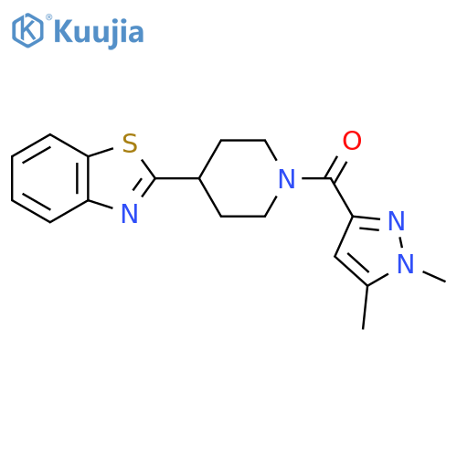 2-[1-(1,5-dimethyl-1H-pyrazole-3-carbonyl)piperidin-4-yl]-1,3-benzothiazole structure