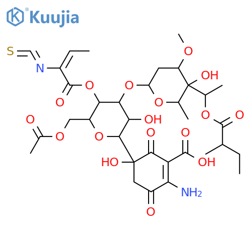 1-Cyclohexene-1-carboxylicacid,5-[6-O-acetyl-3-O-[2,6-dideoxy-3-O-methyl-4-C-[(S)-1-(3-methyl-1-oxobutoxy)ethyl]-a-L-lyxo-hexopyranosyl]-4-O-[(Z)-2-isothiocyanato-1-oxo-2-buten-1-yl]-b-D-allopyranosyl]-2-amino-5-hydroxy-3,6-dioxo-,(5S)- structure