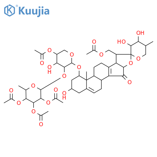 18-Norspirosta-5,13-dien-15-one,21-(acetyloxy)-1-[[4-O-acetyl-2-O-(2,3,4-tri-O-acetyl-6-deoxy-a-L-mannopyranosyl)-a-L-arabinopyranosyl]oxy]-3,23,24-trihydroxy-,(1b,3b,23S,24S,25S)- (9CI) structure