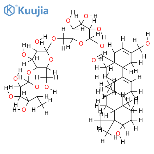29-hydroxy-30-norolean-20(21)-enolic acid 28-O-alpha-L-rhamnopyranosyl-(1->4)-beta-D-glucopyranosyl-(1->6)-beta-D-glucopyranosyl ester structure
