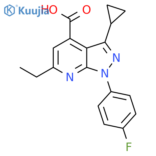 3-cyclopropyl-6-ethyl-1-(4-fluorophenyl)-1H-pyrazolo3,4-bpyridine-4-carboxylic acid structure