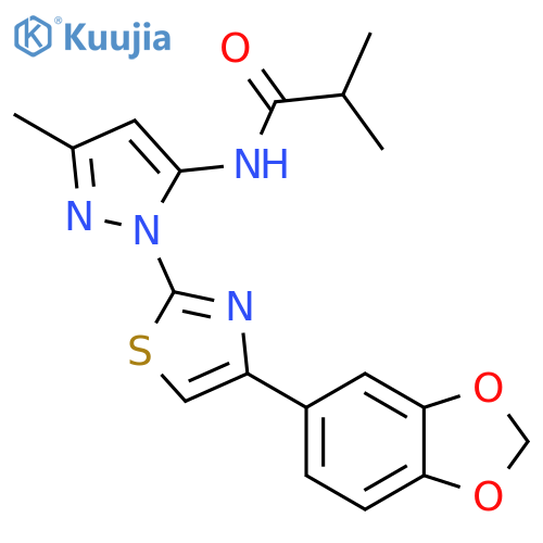 N-{1-[4-(2H-1,3-benzodioxol-5-yl)-1,3-thiazol-2-yl]-3-methyl-1H-pyrazol-5-yl}-2-methylpropanamide structure