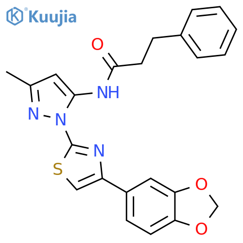 N-{1-[4-(2H-1,3-benzodioxol-5-yl)-1,3-thiazol-2-yl]-3-methyl-1H-pyrazol-5-yl}-3-phenylpropanamide structure