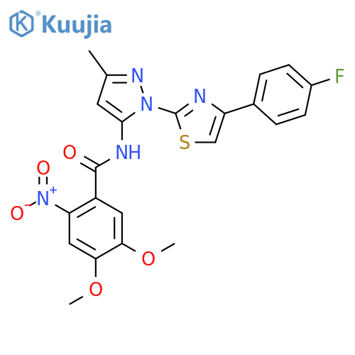 N-{1-[4-(4-fluorophenyl)-1,3-thiazol-2-yl]-3-methyl-1H-pyrazol-5-yl}-4,5-dimethoxy-2-nitrobenzamide structure