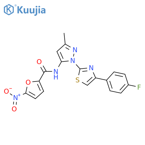 N-{1-[4-(4-fluorophenyl)-1,3-thiazol-2-yl]-3-methyl-1H-pyrazol-5-yl}-5-nitrofuran-2-carboxamide structure