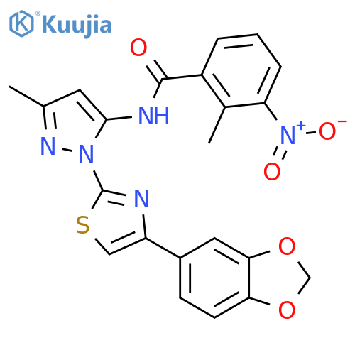 N-{1-[4-(2H-1,3-benzodioxol-5-yl)-1,3-thiazol-2-yl]-3-methyl-1H-pyrazol-5-yl}-2-methyl-3-nitrobenzamide structure