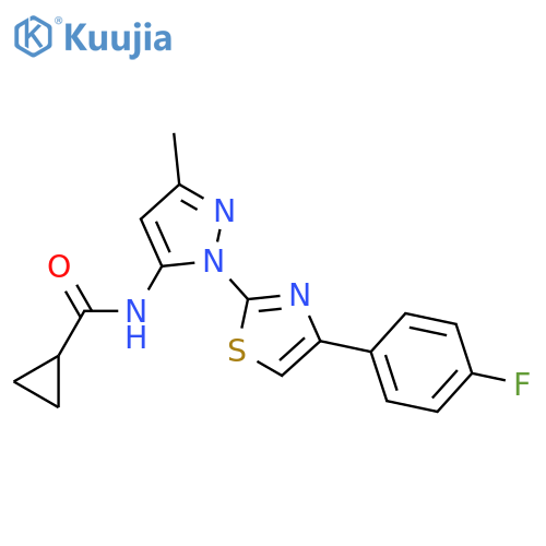N-{1-[4-(4-fluorophenyl)-1,3-thiazol-2-yl]-3-methyl-1H-pyrazol-5-yl}cyclopropanecarboxamide structure