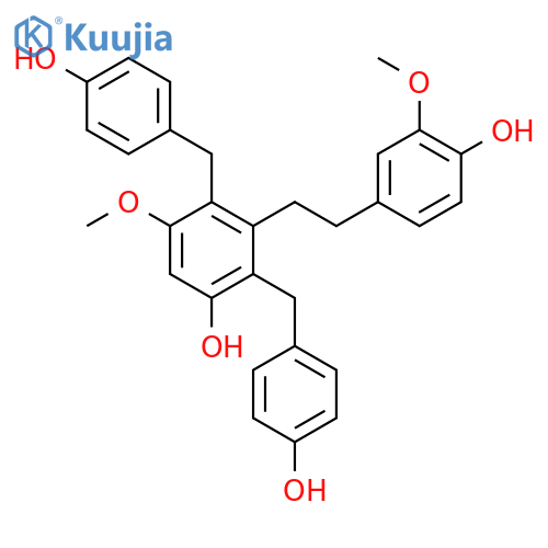 2,6-bis(4-hydroxybenzyl)-3,3'-dimethoxybibenzyl-4',5-diol structure