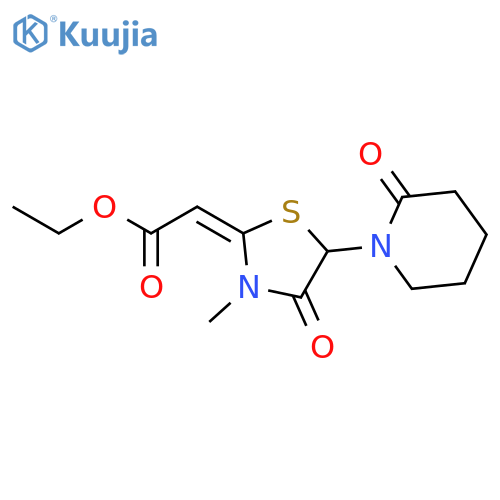 Acetic acid, [3-methyl-4-oxo-5-(2-oxo-1-piperidinyl)-2-thiazolidinylidene]-, ethyl ester structure