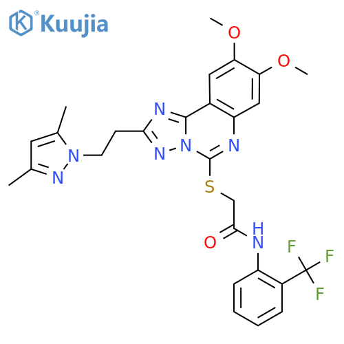 2-({2-[2-(3,5-dimethyl-1H-pyrazol-1-yl)ethyl]-8,9-dimethoxy-[1,2,4]triazolo[1,5-c]quinazolin-5-yl}sulfanyl)-N-[2-(trifluoromethyl)phenyl]acetamide structure