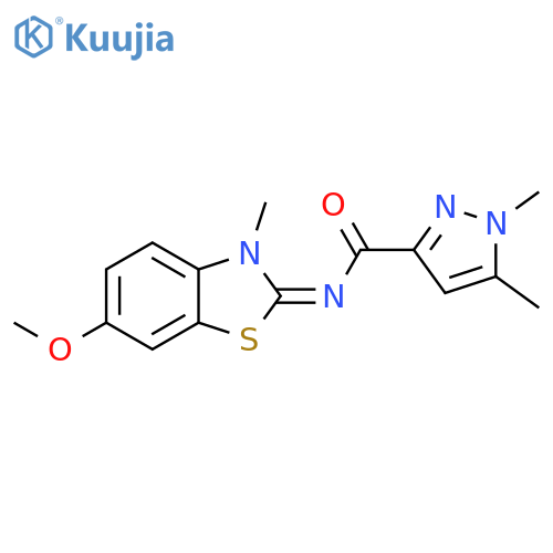 N-(6-methoxy-3-methyl-2,3-dihydro-1,3-benzothiazol-2-ylidene)-1,5-dimethyl-1H-pyrazole-3-carboxamide structure