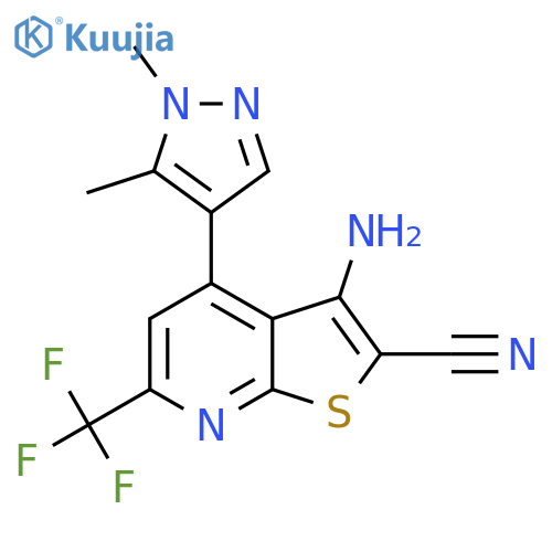 3-amino-4-(1,5-dimethyl-1H-pyrazol-4-yl)-6-(trifluoromethyl)thieno2,3-bpyridine-2-carbonitrile structure