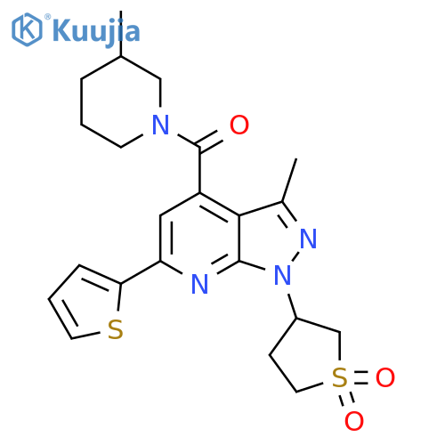 3-[3-methyl-4-(3-methylpiperidine-1-carbonyl)-6-(thiophen-2-yl)-1H-pyrazolo[3,4-b]pyridin-1-yl]-1lambda6-thiolane-1,1-dione structure