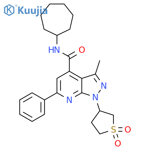 N-cycloheptyl-1-(1,1-dioxo-1lambda6-thiolan-3-yl)-3-methyl-6-phenyl-1H-pyrazolo[3,4-b]pyridine-4-carboxamide structure